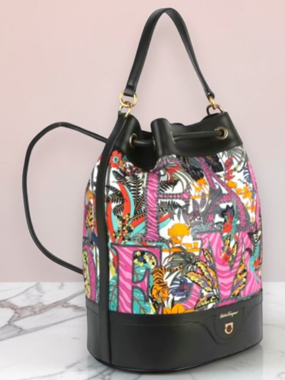 Salvatore Ferragamo Gancini Safari Nylon & Leather Bucket Backpack with BOX  NEW - Picture 5 of 17